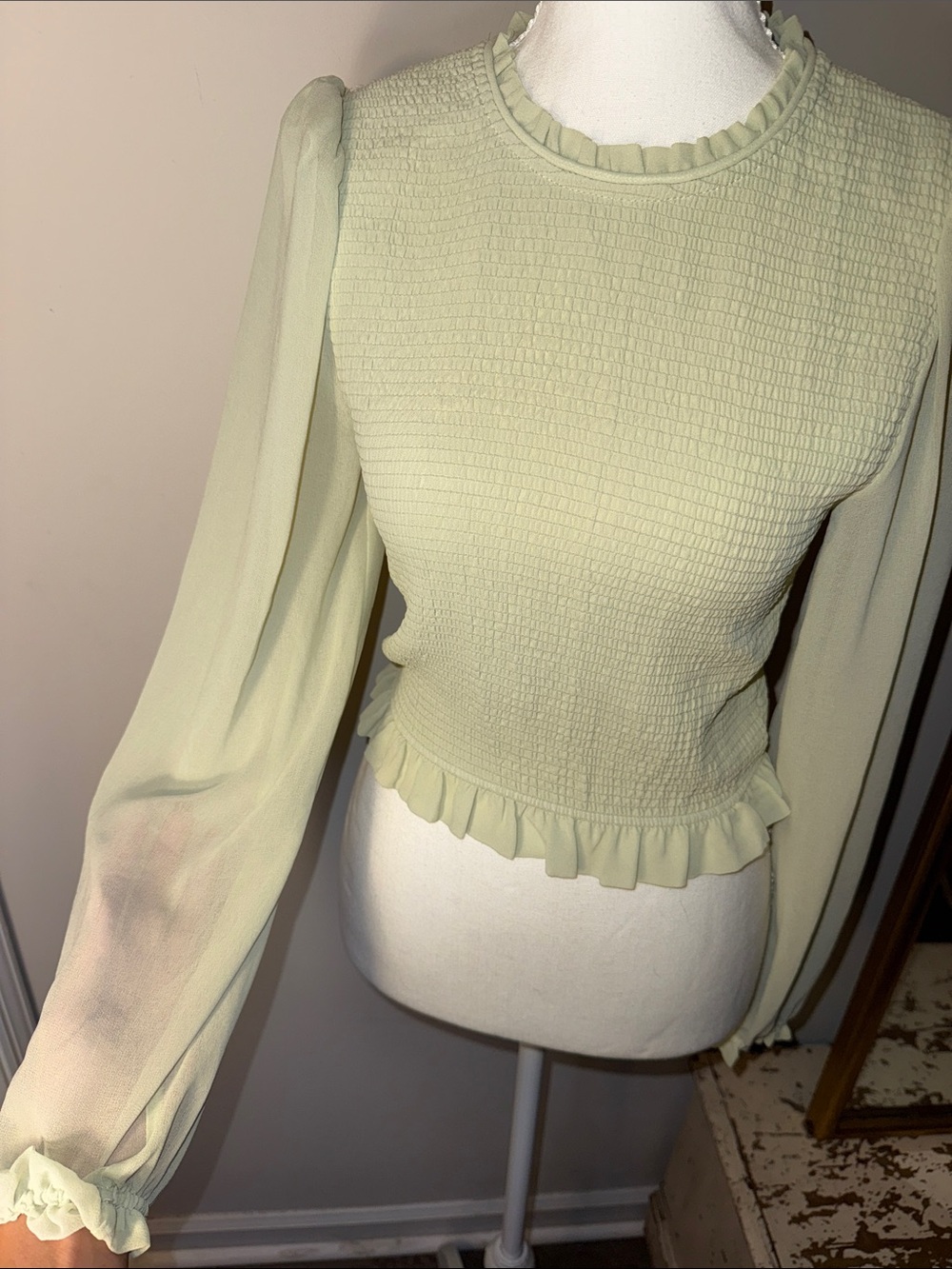 TRUTH by Republic Ruffled  Long Sleeve Top in Light Sage - Picture 5 of 7
